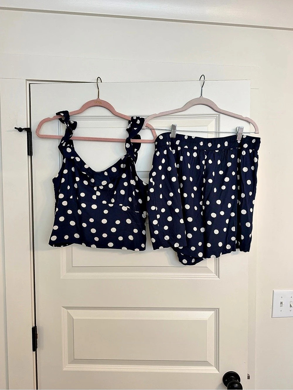 Abercrombie Polka Dot Crop Top & Short Set in Navy Blue & White Size L/XL